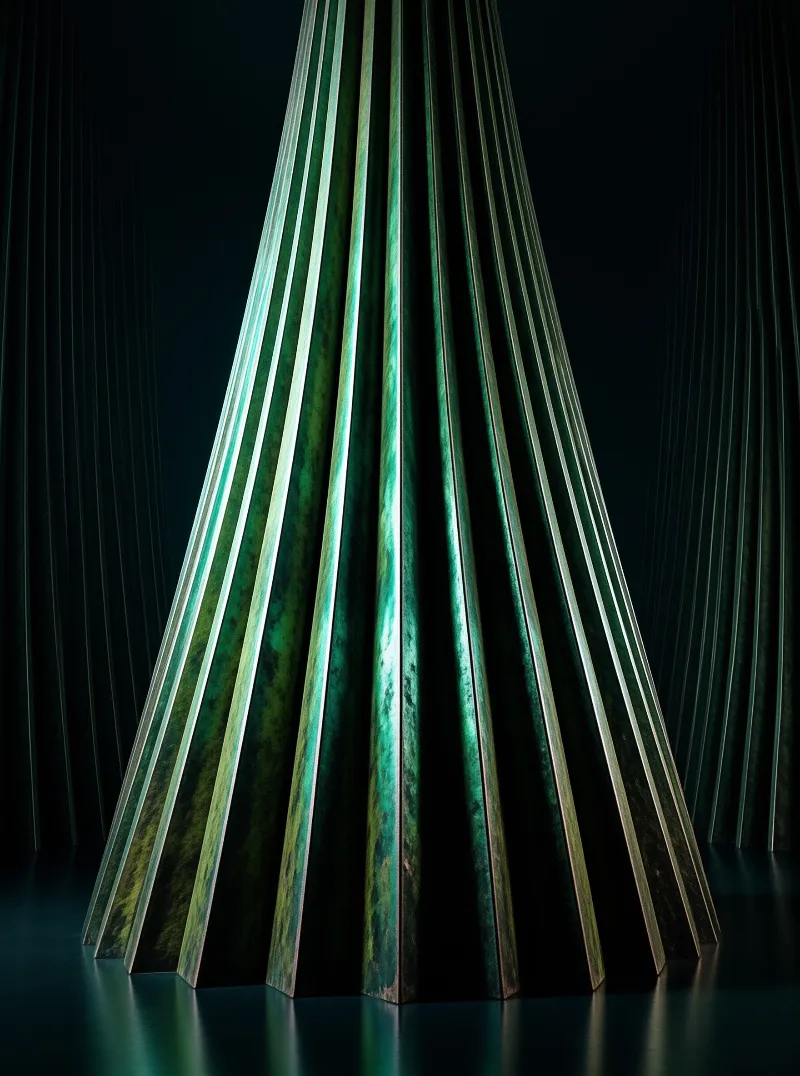 A tall triangular sculpture made of vertical green panels stands against a black background with dramatic lighting.