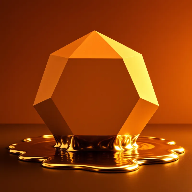 A faceted geometric solid sinks into a rippling pool of molten gold under warm directional light.