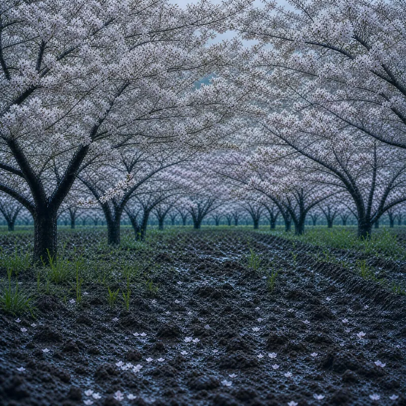 Cherry Blossom Orchard in Mist