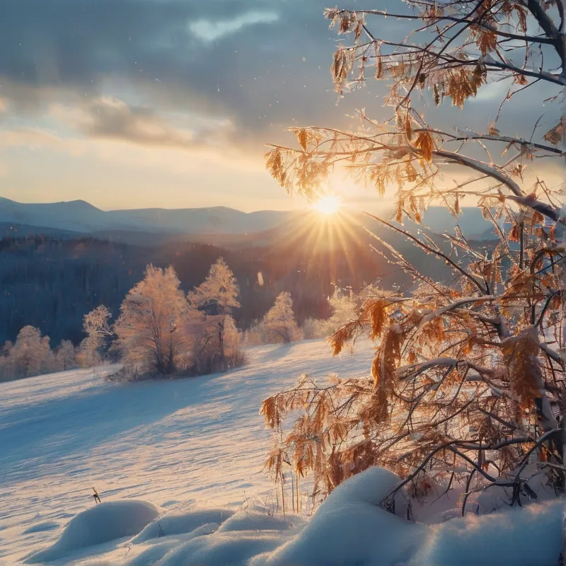 Sunlight beams through bare winter branches onto a vast snowy landscape with a small deer in the foreground.