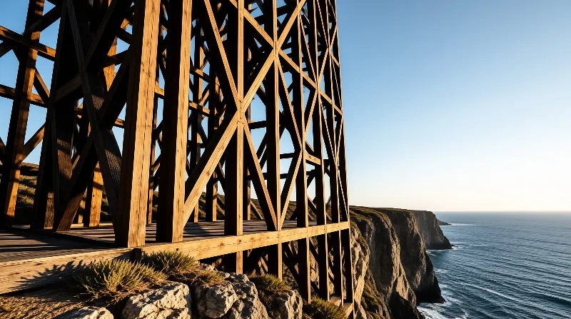 A tall wooden framework with diagonal cross braces stands on a grassy cliff edge overlooking the calm blue sea