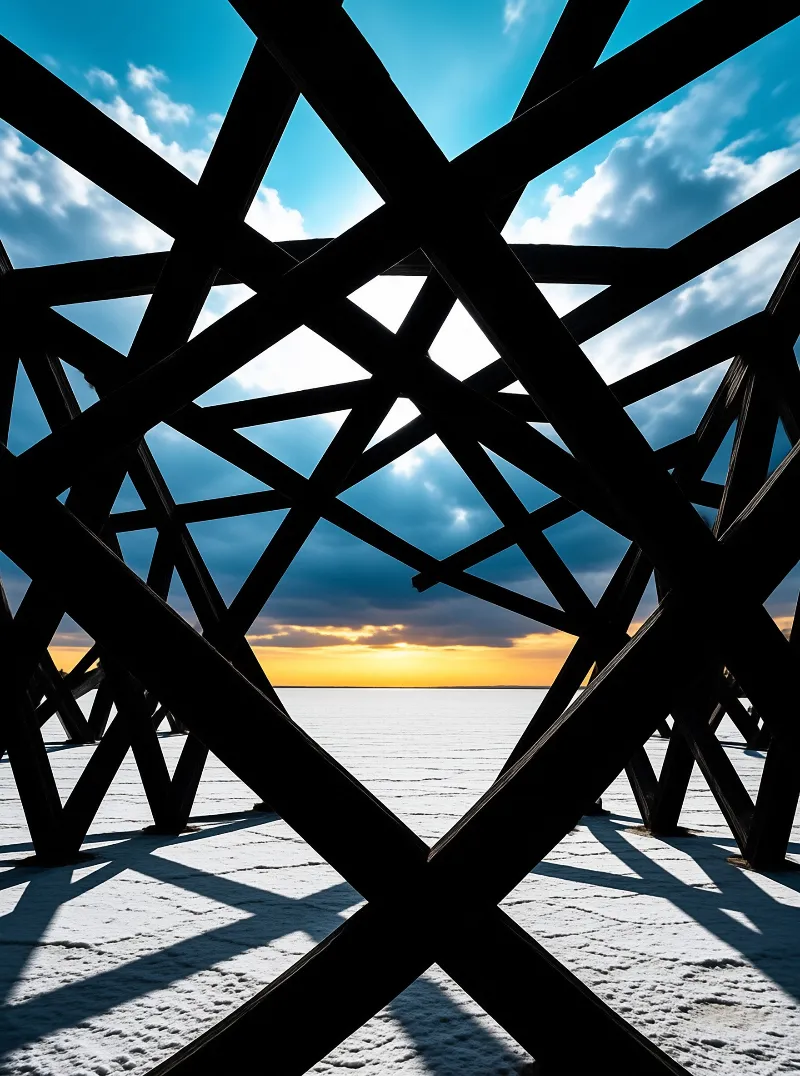Dark wooden beams form a geometric frame overlooking a vast white plain under an orange horizon.