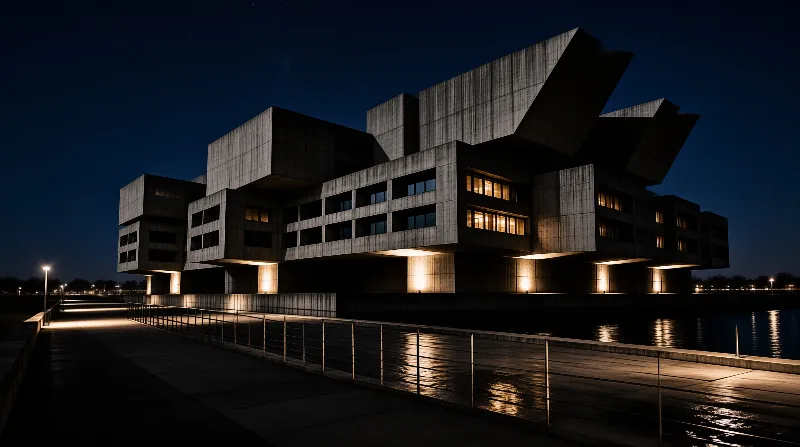 Brutalist Building at Night
