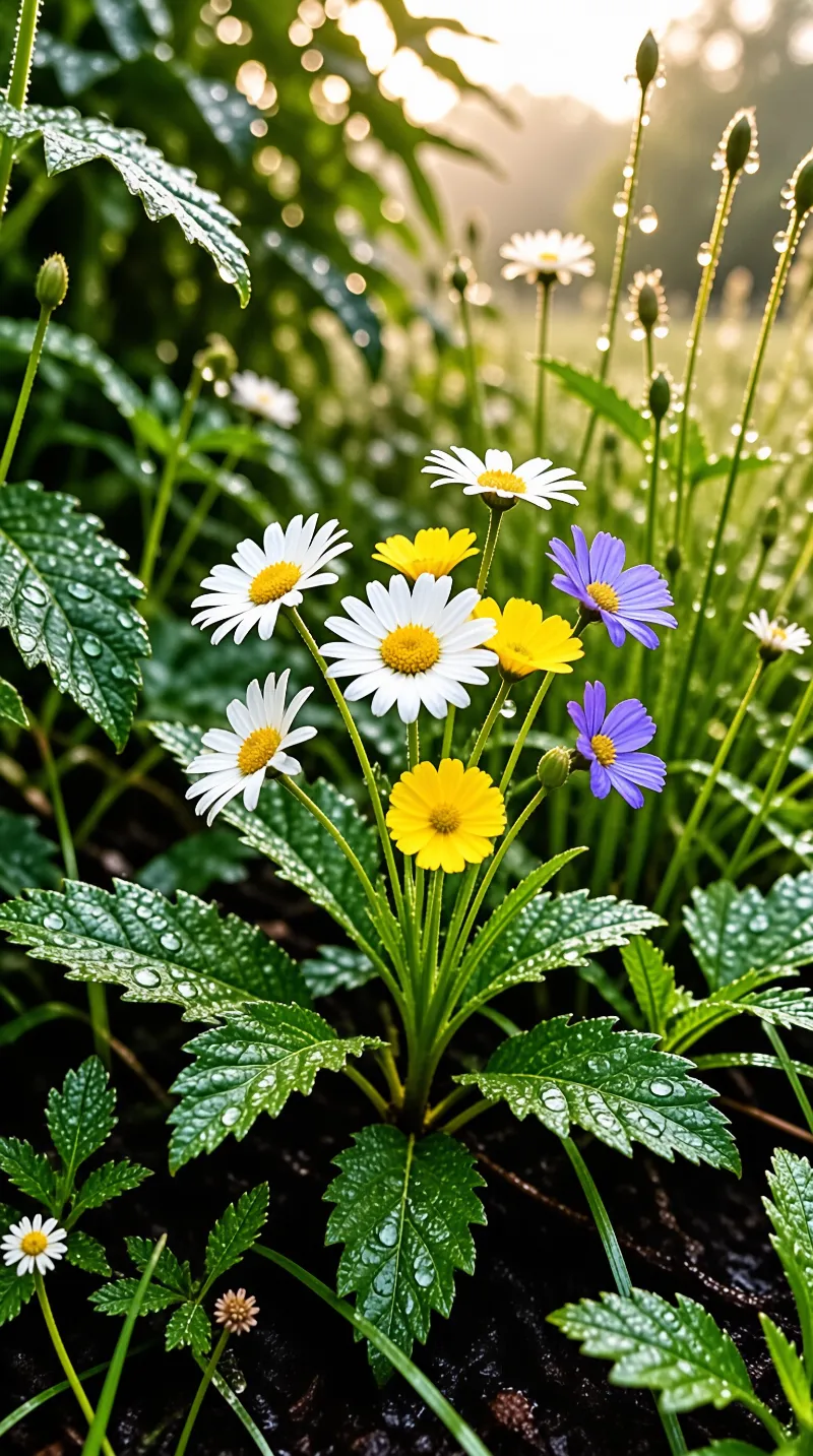 White and purple wildflowers with yellow centers stand tall among wet green leaves bathed in warm backlighting