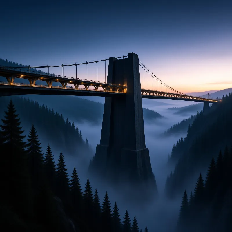 A suspension bridge with glowing road lights crosses foggy forested valley, under a twilight sky of gradient blue and orange.