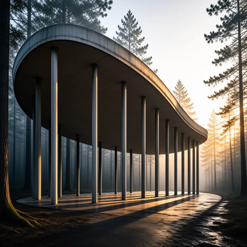 A curved concrete pavilion stands among misty pine trees while warm sunlight casts long shadows on the wet forest floor.
