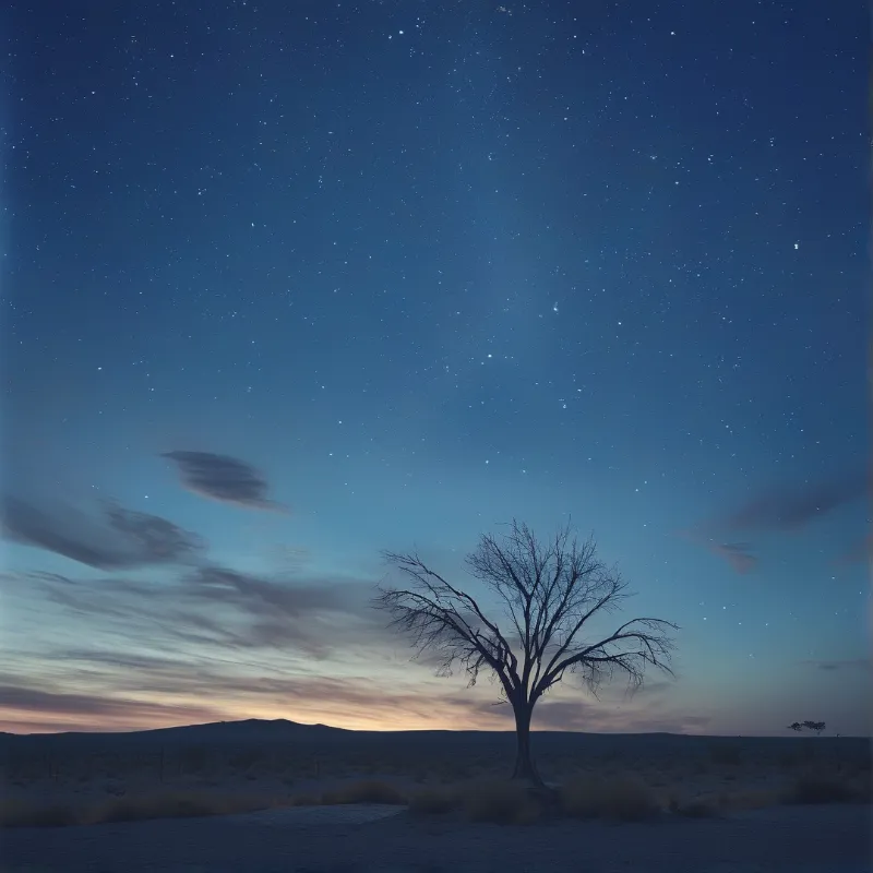 A leafless tree stands alone in a barren desert under a deep blue night sky scattered with stars and wispy clouds.