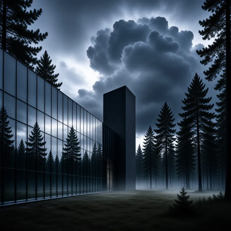 A grid of tall glass panels and a slender black tower stand in a clearing, ringed by pines fading into low fog.
