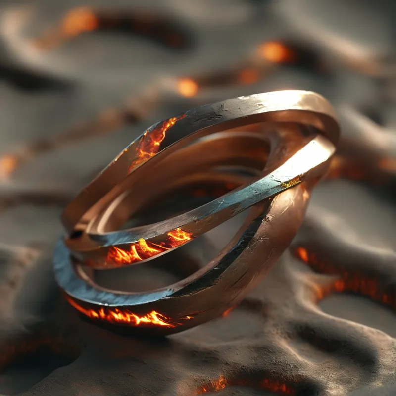 A twisted copper ring with glowing molten edges rests on rough dark stone under warm light.