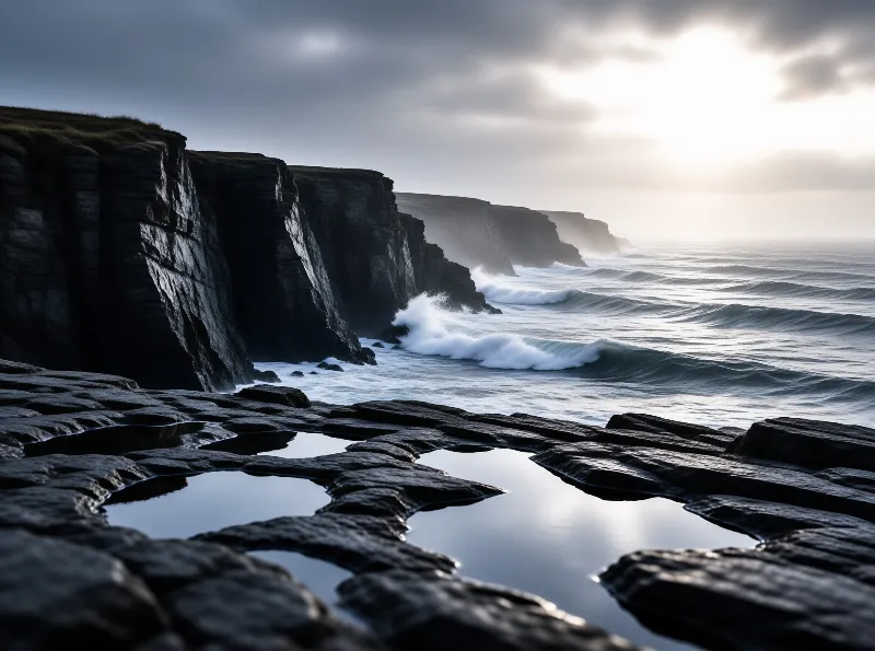 Dark cliffs rise from crashing waves while mist obscures the distant shore and pools reflect the sky on foreground rocks.