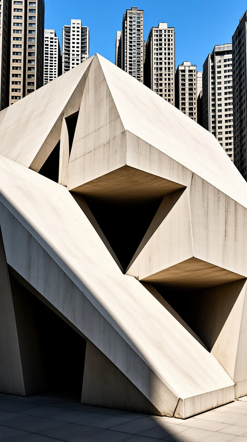 A large white angular building stands in the foreground with tall towers behind it under a clear blue sky.