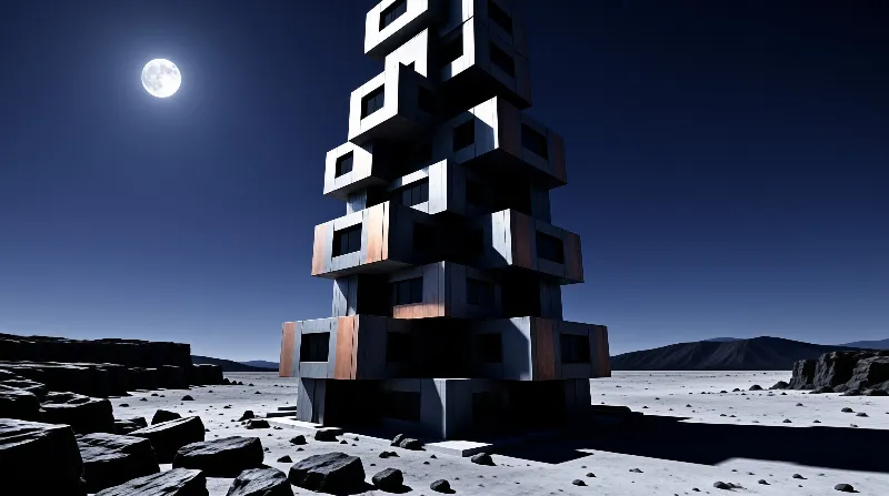 A tall stacked cubic structure rises from a flat rocky plain beneath a dark blue sky featuring a bright full moon