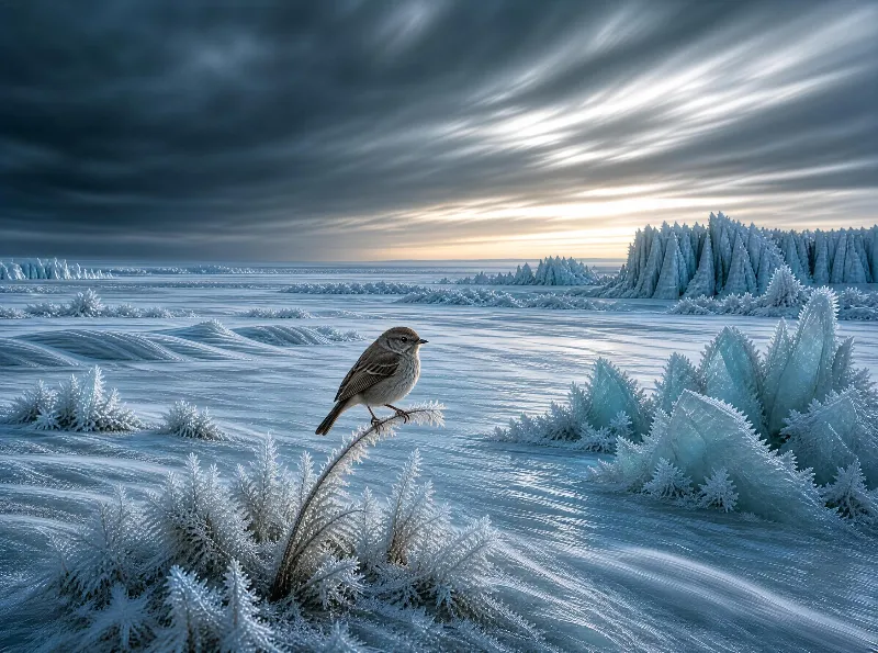 A small sparrow perches on a frost-covered branch in a vast, frozen ice field with towering ice formations and a dramatic sky streaked with clouds during blue hour.