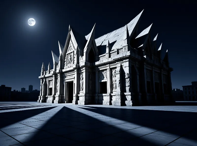 A large gothic stone building with spires stands on a plaza at night under a full moon casting shadows.