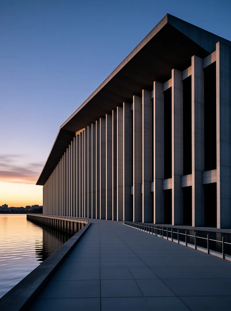 A massive concrete building with tall vertical pillars stands next to calm water under a deep blue sky at sunset.