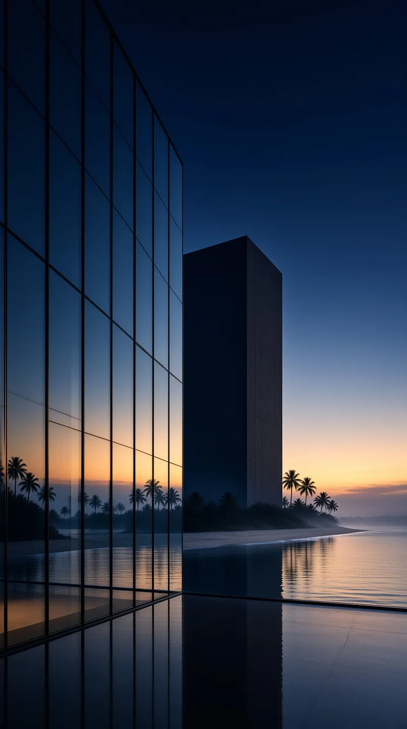 A glass building mirrors a blue to orange sky while a dark tower stands beside a palm lined beach at dusk.