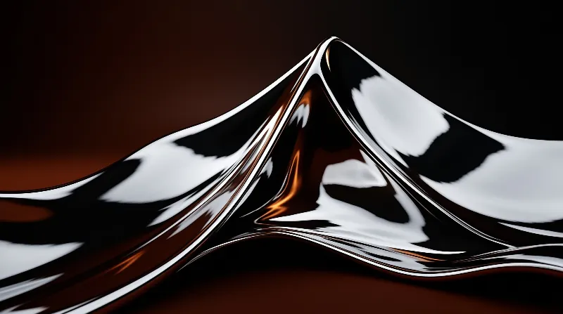 Glossy metal rises into a sharp peak, reflecting bright highlights and warm amber tones against a dark background.