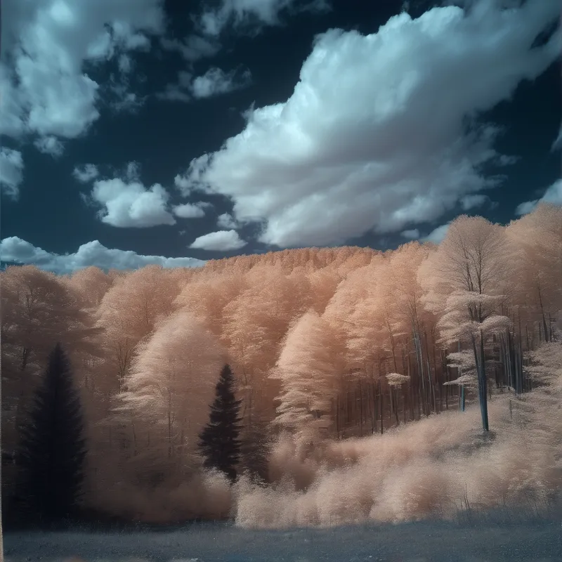 Pale pink trees cover a hillside contrasting with dark evergreens under a deep blue sky with white clouds above.