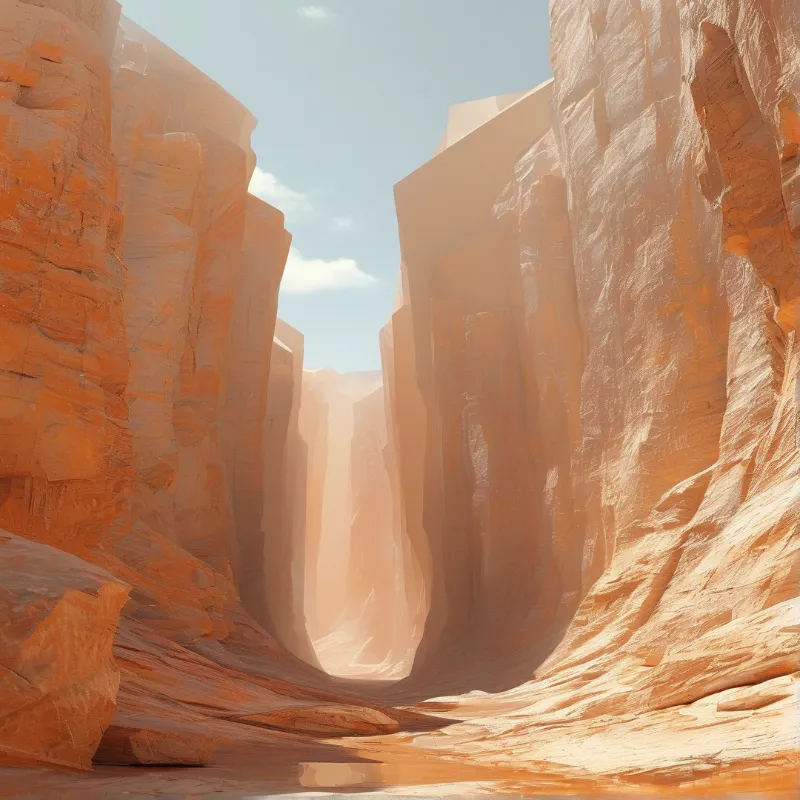 Vertical sandstone formations create a deep corridor beneath scattered clouds.
