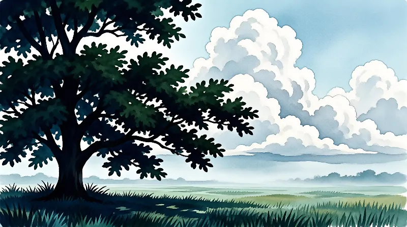 Watercolor scene of a large leafy oak standing in a green field under tall white clouds and a hazy horizon