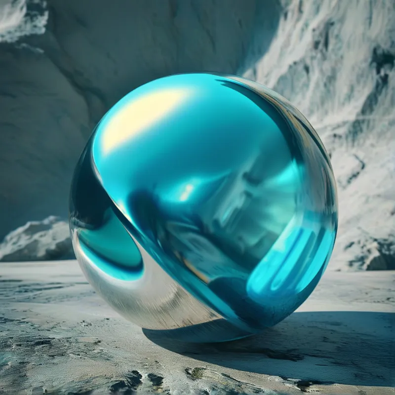 A mirror bright teal sphere reflects the pale cliffs and sky of a barren rocky valley