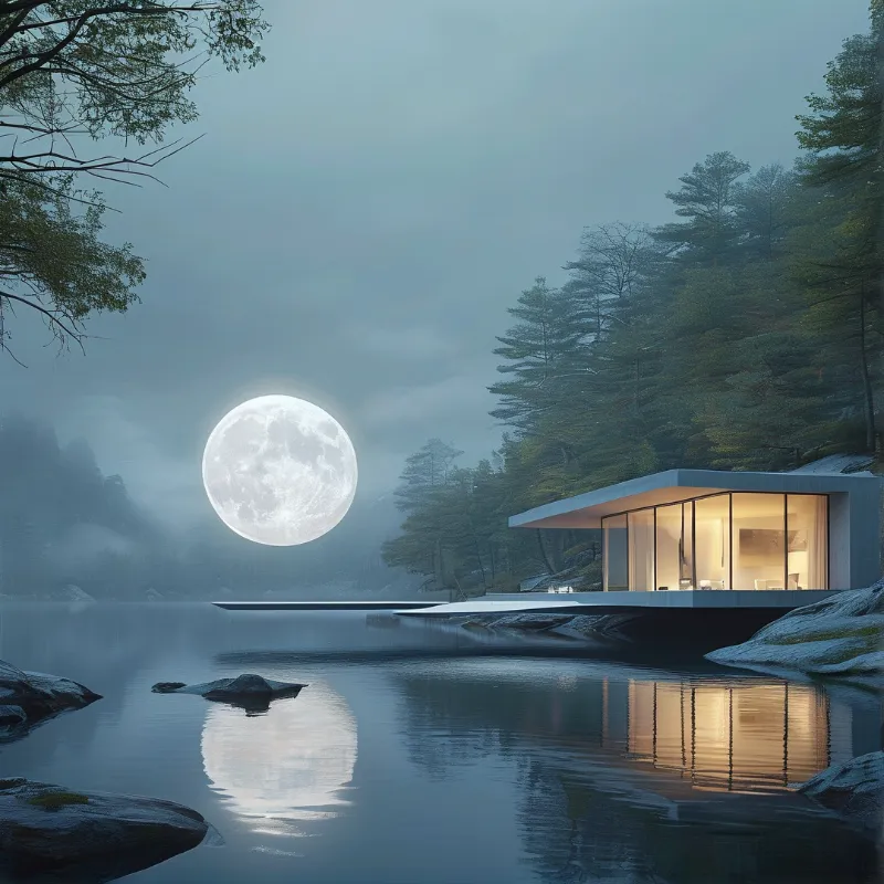 A minimalist structure glows warmly beside a calm lake that mirrors the moon and the building's light.