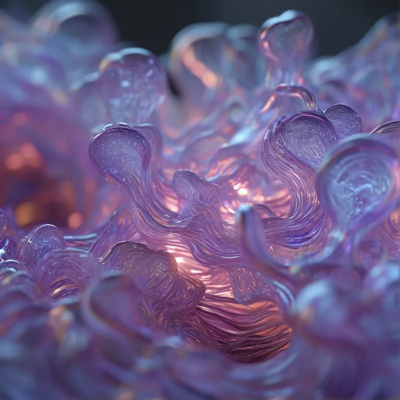 Shiny purple curved shapes resembling melted glass are illuminated by soft internal light.