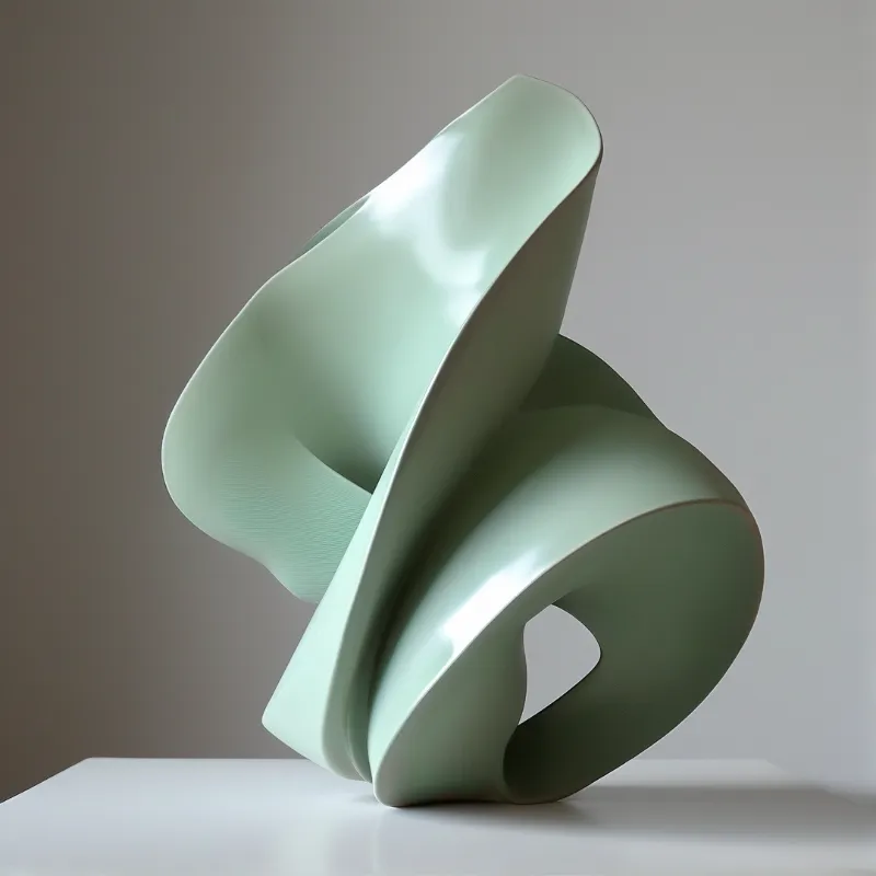 A pale celadon abstract artwork features twisted smooth curves resting on a white surface against a neutral grey wall.