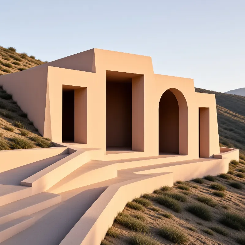 A minimalist beige structure sits on a sandy hill with deep rectangular and arched recesses lit by warm sunlight.