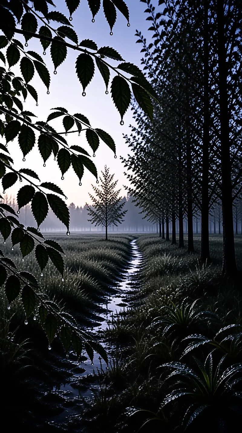 Dark silhouetted leaves with hanging water droplets frame a narrow wet path through a foggy woodland at dawn.
