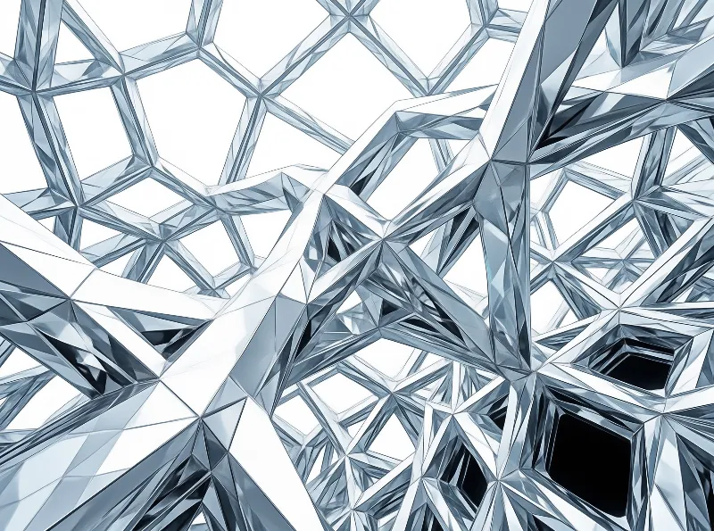 Translucent blue crystalline structures form a complex geometric network against a white background with deep shadows in the gaps.