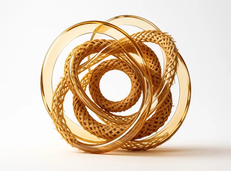 Woven rattan rings intertwined with smooth amber glass circles resting on a white surface.