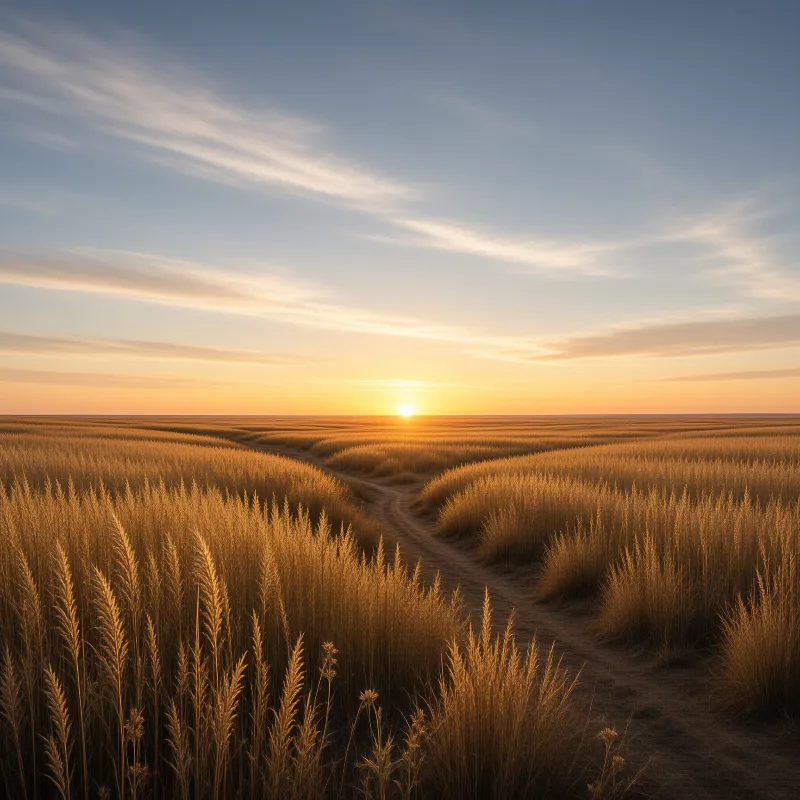 A dirt path cuts through a vast golden wheat field stretching toward a bright sun on the horizon.