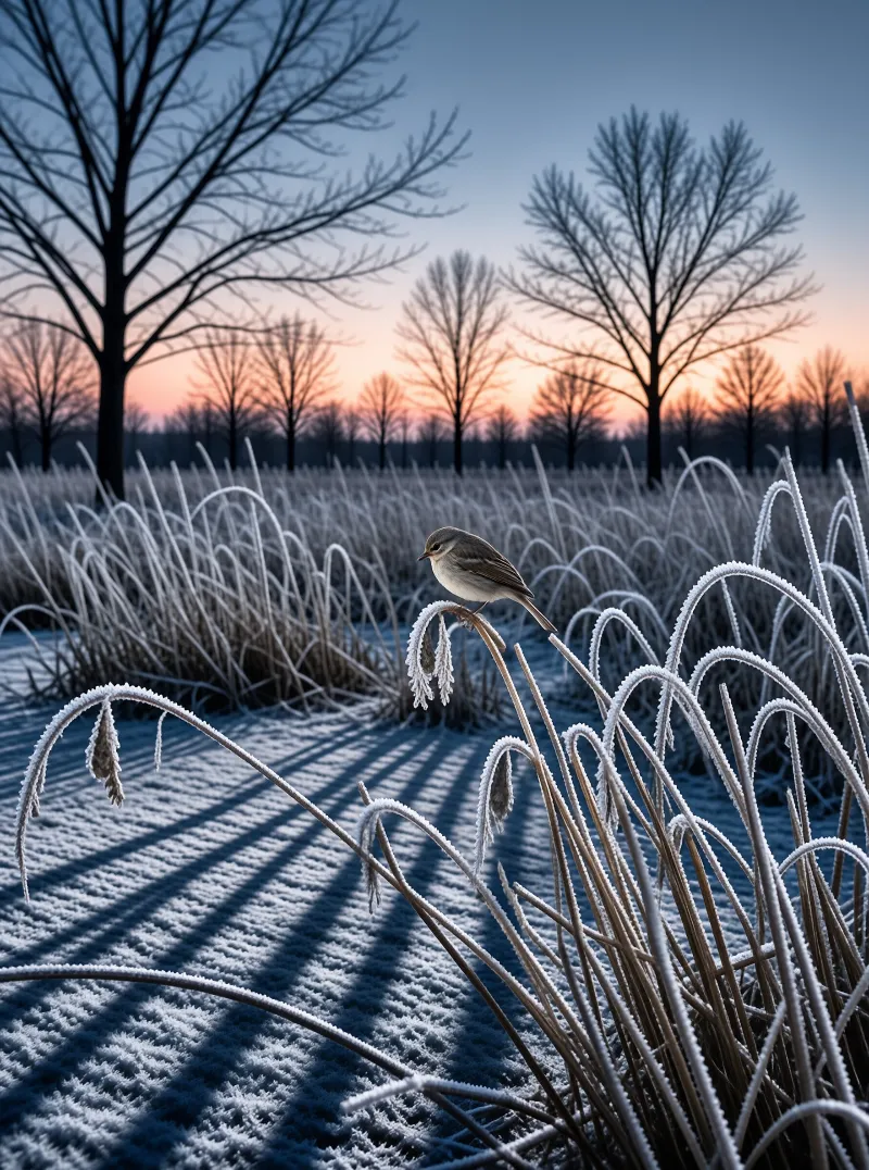 A small bird perches on a frosted grass stem in a snowy field during a colorful twilight sky.