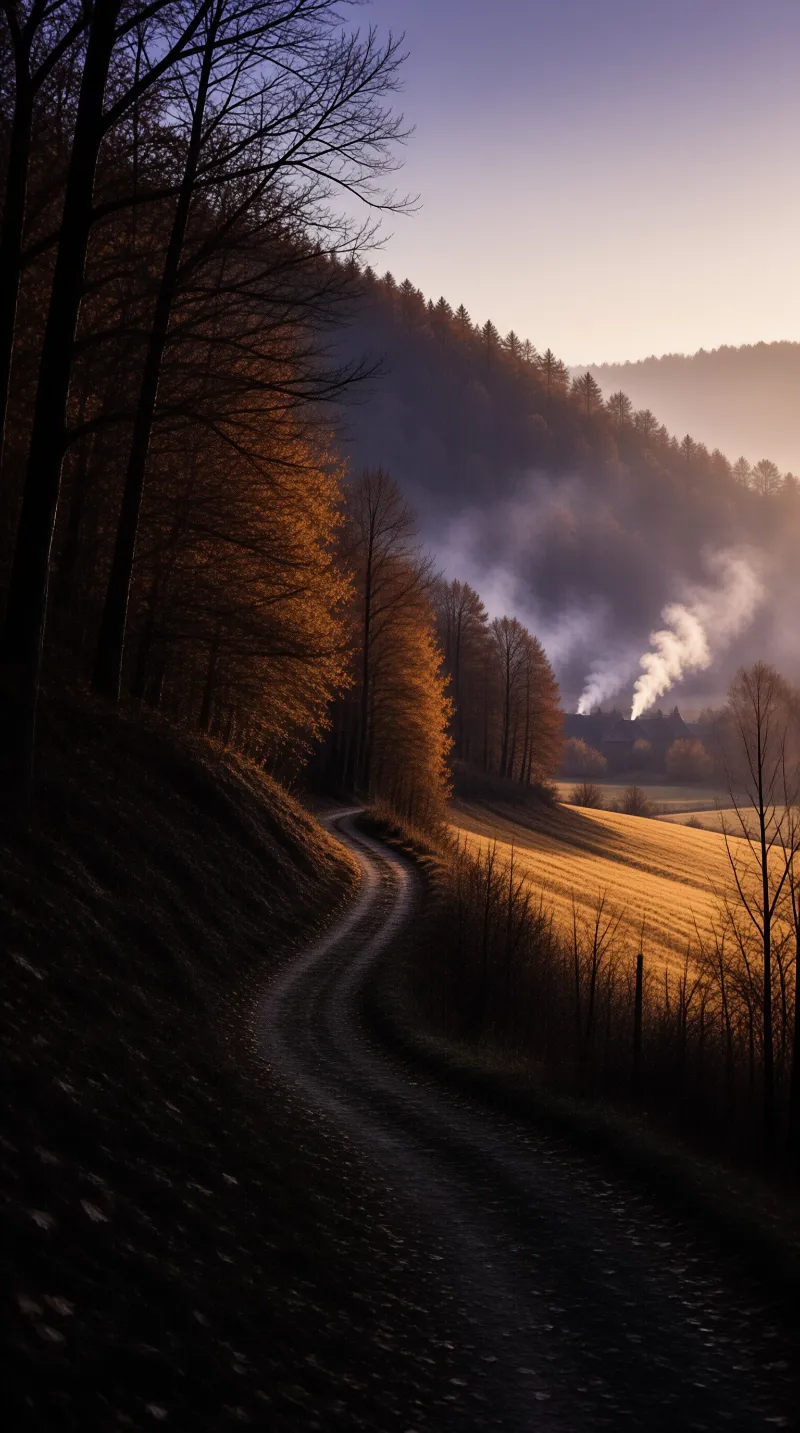 A dirt track winds up a slope beside golden fields toward a smoking house hidden in the valley mist.