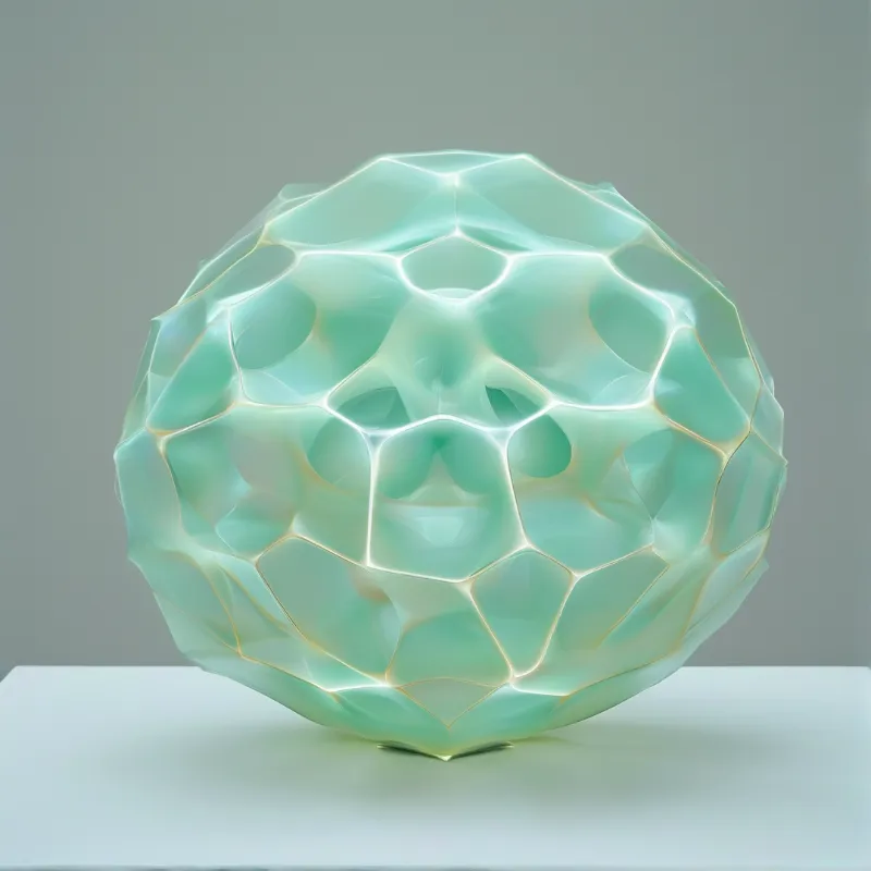 A translucent mint green faceted orb with glowing edge highlights sits on a white pedestal against a soft grey backdrop.