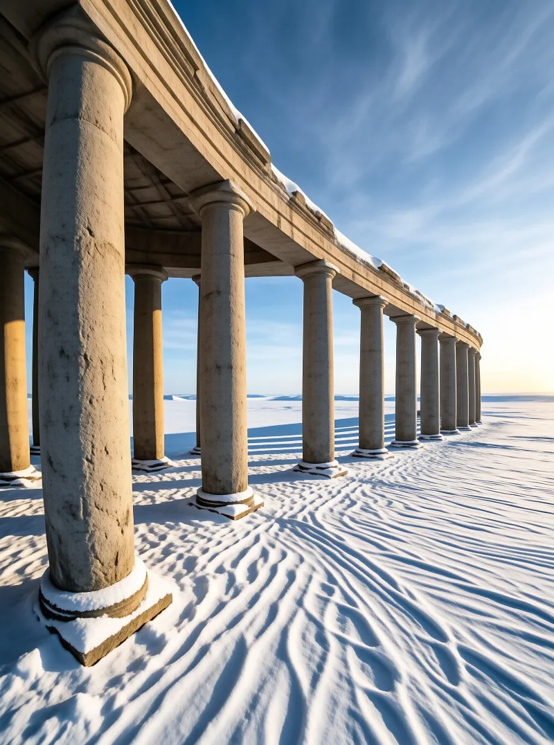 A row of weathered stone columns supports a roof above wind patterned white snow under a bright blue sky with warm sunlight.
