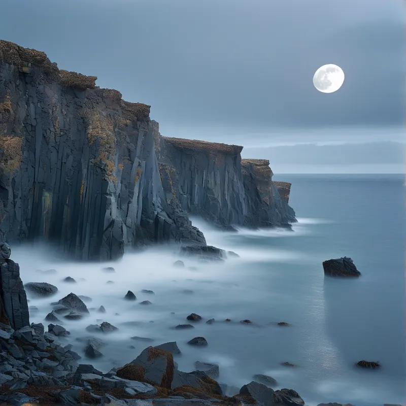 Tall dark rock formations line the shore while a bright moon hangs above misty blue waters.