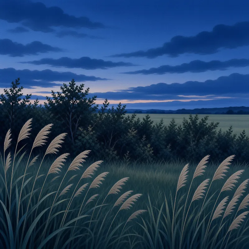 Cream pampas plumes sway above dark teal grass beneath a dusk sky banded with navy clouds and a pink horizon.