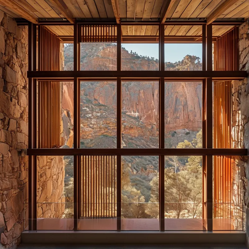 A large grid window with wooden slats looks out onto a rocky canyon landscape bathed in warm sunlight.