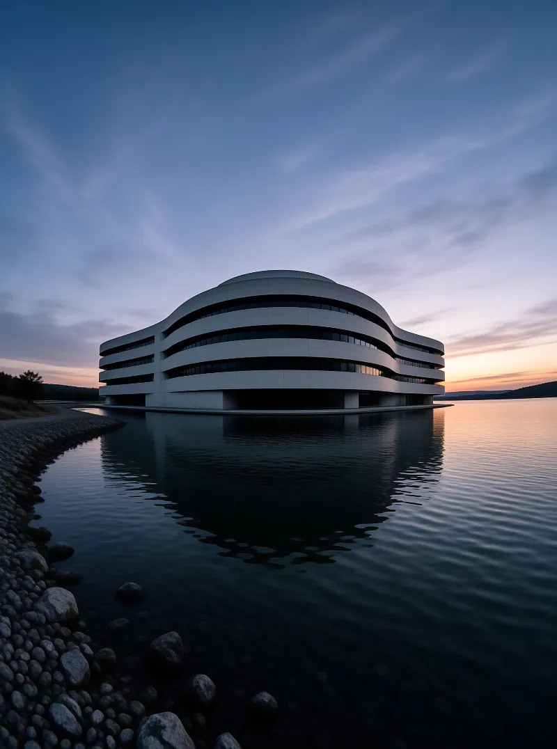 A stepped white building with sweeping curves sits at the edge of a still lake mirrored beneath a pastel twilight sky.