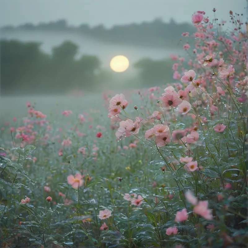 Pink cosmos flowers dotted with dew stand in a lush field as a bright sun rises through the misty background.