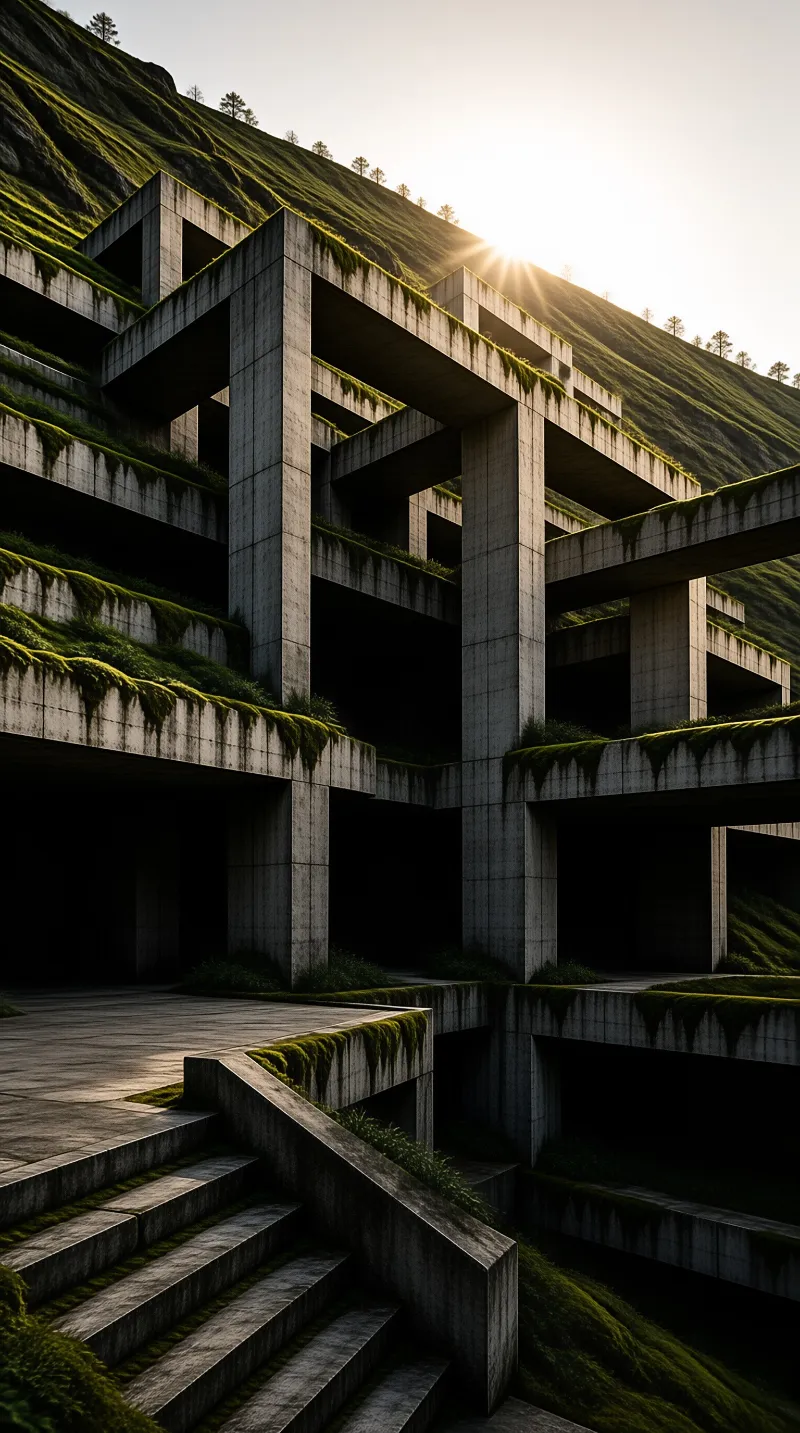 Massive concrete platforms covered in green moss sit on a steep hill as bright sunlight flares behind the mountain slope.