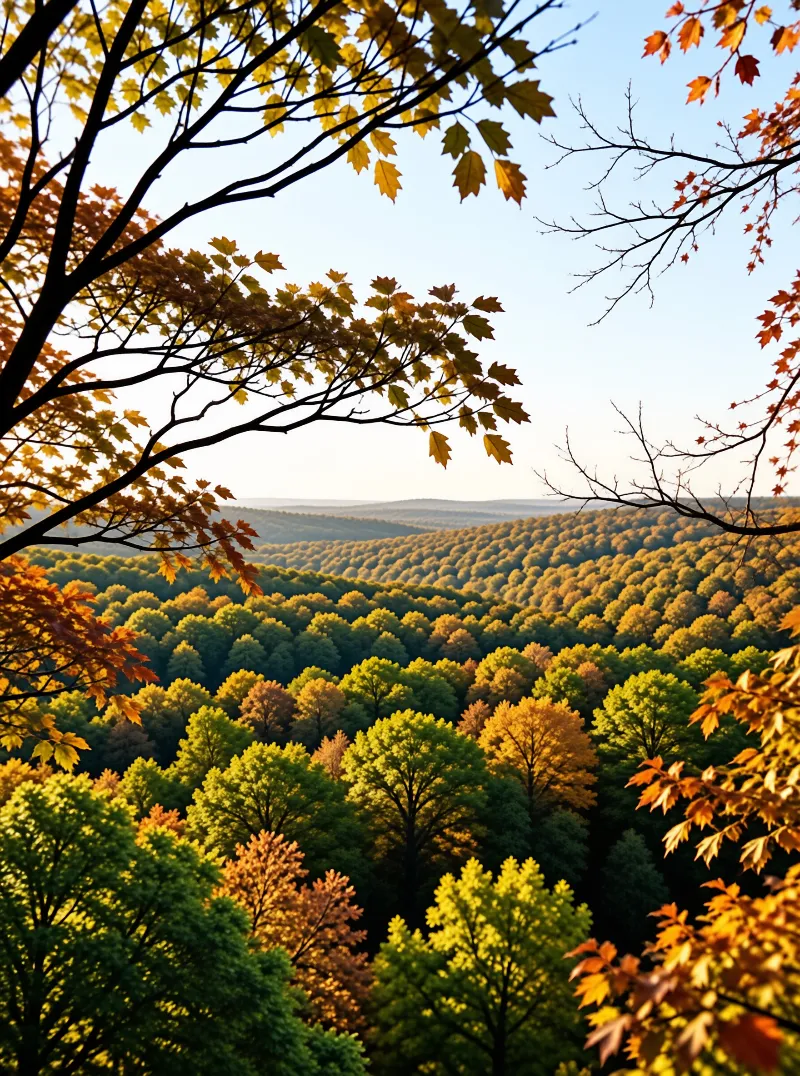 Branches of yellow and russet leaves frame an expansive treetop landscape that fades into soft blue ridgelines