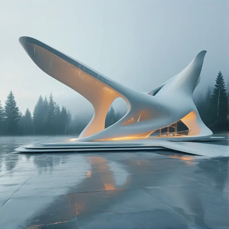 A sweeping white concrete shell with amber interior light stands on a rain-slick plaza ringed by misty conifers.