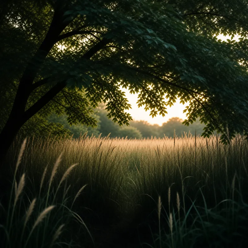 Tall grass in a dark meadow catches warm golden sunlight while a large tree frames the view from above.