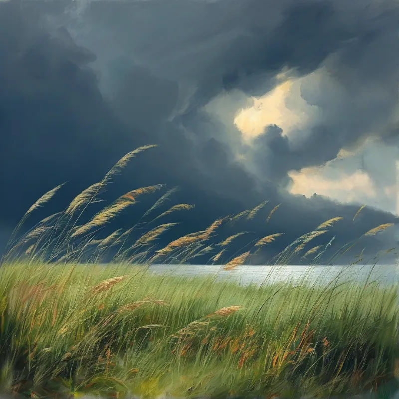 Wind swept dune grass bends before a still lake under towering storm cloud broken by one warm shaft of light.