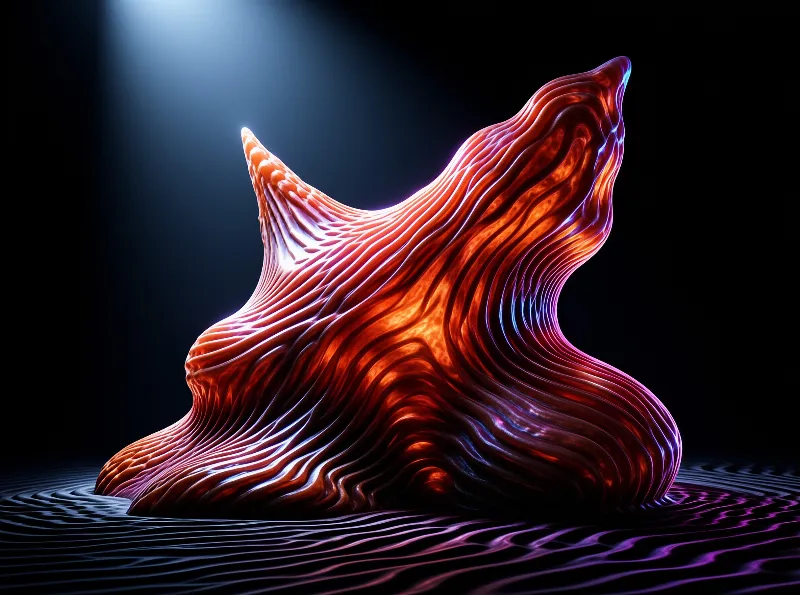 A translucent ribbed organic sculpture glowing red orange stands on a dark rippled surface lit by a blue beam.