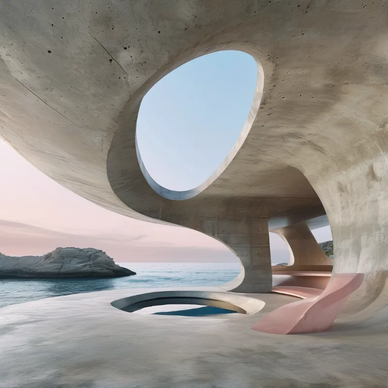 Smooth concrete architecture with a large oval opening frames a tranquil sea and a rocky island under a soft pink sky.