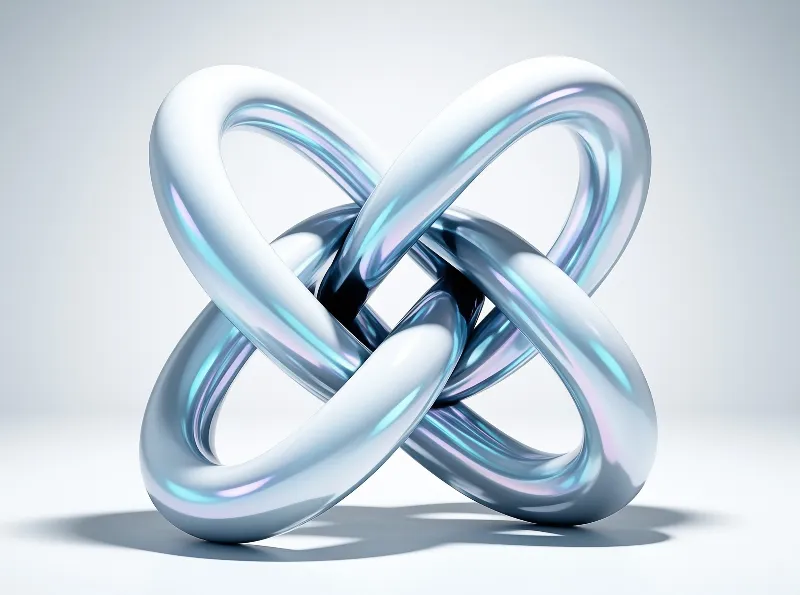 Glossy metal shape twists into a complex loop against a neutral gray background under soft lighting.